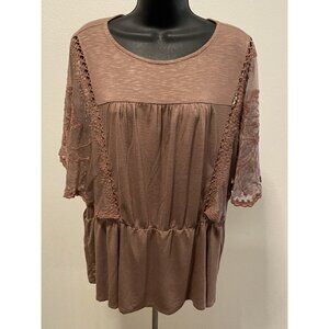 Maurices Women Size 1X Blouse Embroidered Sheer Sleeves Elastic Waist Stretch